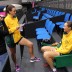 Following a practice session, Casey Dellacqua (L) turns her hand to a media role in interviewing teammate Sam Stosur; Tennis Australia