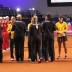 The Australian and German teams swap Fed Cup pennants prior to their tie in Stuttgart; Tennis Australia