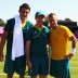 (L-R) Bernard Tomic, Head of Professional Tennis Todd Woodbridge and Lleyton Hewitt following the Australian team's practice session ahead of the 2012 London Olympic Games at Wimbledon; Getty Images