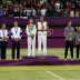 (L-R) Silver medallists Laura Robson and Andy Murray of Great Britain, gold medallists Victoria Azarenka and Max Mirnyi of Belarus and bronze medallists Mike Bryan and Lisa Raymond of the United States pose with their medals during the mixed doubles medal ceremony; Getty Images