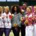 (L-R) silver medallists Andrea Hlavackova and Lucie Hradecka of Czech Republic, gold medallists Serena and Venus Williams of the United States and bronze medalists Maria Kirilenko and Nadia Petrova of Russia during the women's doubles medal ceremony at the London 2012 Olympic Games; Getty Images