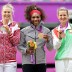 (L-R) silver medallist Maria Sharapova of Russia, gold medallist Serena Williams of the United States and bronze medallist Victoria Azarenka of Belarus pose on the podium during the medal ceremony for the women's singles event at London 2012; Getty Images
