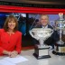 The Australian Open trophies drop in during the Seven News in Sydney with Chris Bath (L) and Jim Wilson; Tennis Australia