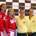 The Swiss and Australian Fed Cup teams pose for photos at the official draw ceremony ahead of their World Group Play-off tie on 20-21 April at Tennis Club Chiasso in southern Switzerland; Tennis Australia