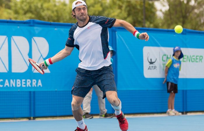 Paolo Lorenzi (ITA) [1] - Action from the Men's Singles Final of the Canberra $75K ATP Challenger held at the Canberra Tennis Centre on Saturday 16 January 2016. Paolo Lorenzi (ITA) [1] defeated Ivan Dodig (CRO) [5] 6-2 6-4. Photo by Ben Southall. #CBRATPChallenger