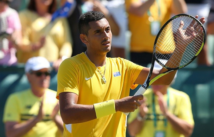 PERTH, AUSTRALIA - SEPTEMBER 12:  Nick Kyrgios of Australia celebrates winning his rubber against Denis Istomin of Uzbekistan in their singles match during the Davis Cup World Group Play-off tie at Cottesloe Tennis Club on September 12, 2014 in Perth, Australia.  (Photo by Paul Kane/Getty Images)