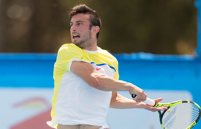 DIMITRI MOROGIANNIS (AUS) in action during the Men's qualifying of the APIS Canberra International. Match was played at the Canberra Tennis Centre in Lyneham, Canberra, ACT on Saturday 29 October 2016. Photo by: Ben Southall.