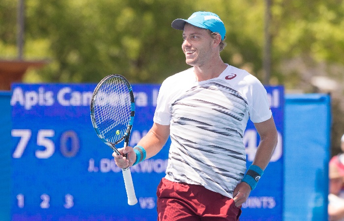 JAMES DUCKWORTH (AUS) in action during the Men's Singles Final on day nine of the Apis Canberra International. Match was played at the Canberra Tennis Centre in Lyneham, Canberra, ACT on Sunday 6 November 2016. Photo by: Ben Southall.