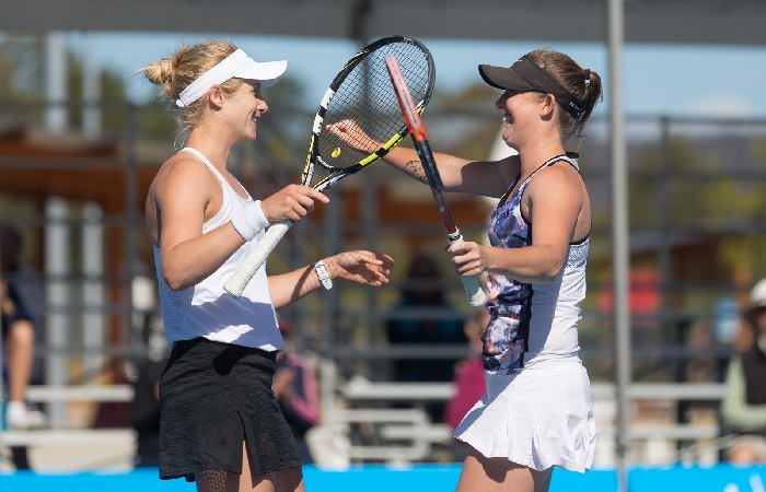 JESSICA MOORE (AUS) / STORM SANDERS (AUS) in action during the Women's Doubles Final on day eight of the Apis Canberra International. Match was played at the Canberra Tennis Centre in Lyneham, Canberra, ACT on Saturday 5 November 2016. Photo by: Ben Southall.