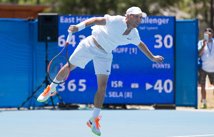Dudi Sela (ISR) in action during the singles final on day eight of the East Hotel Canberra Challenger. Match was played at the Canberra Tennis Centre in Lyneham, Canberra, ACT on Saturday 14 January 2017 #eastCBRCH #TennisACT. Photo: Ben Southall.