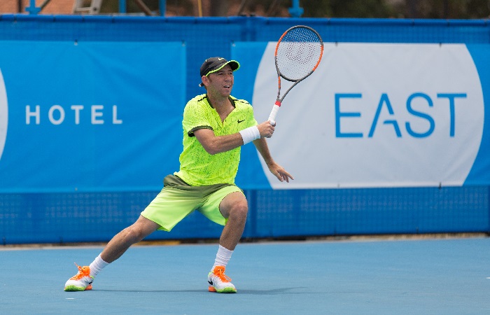 Dudi Sela (ISR) in action during day seven of the East Hotel Canberra Challenger. Match was played at the Canberra Tennis Centre in Lyneham, Canberra, ACT on Friday 13 January 2017 #eastCBRCH #TennisACT. Photo: Ben Southall.