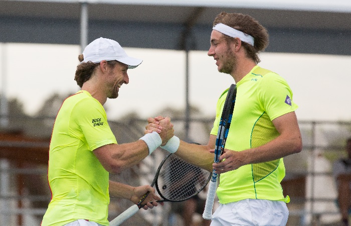Andre Begemann (GER) / Jan-Lennard Struff (GER) in action during the doubles final on day seven of the East Hotel Canberra Challenger. Match was played at the Canberra Tennis Centre in Lyneham, Canberra, ACT on Friday 13 January 2017 #eastCBRCH #TennisACT. Photo: Ben Southall.