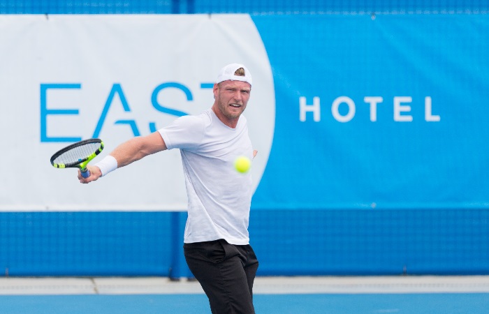 Sam Groth (AUS) in action during day four of the East Hotel Canberra Challenger. Match was played at the Canberra Tennis Centre in Lyneham, Canberra, ACT on Tuesday 10 January 2017 #eastCBRCH #TennisACT. Photo: Ben Southall.