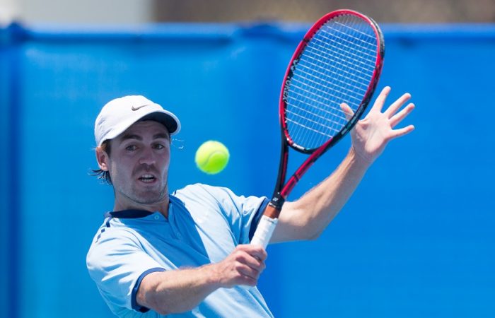 James Frawley (AUS) in action during day one of the East Hotel Canberra Challenger. Match was played at the Canberra Tennis Centre in Lyneham, Canberra, ACT on Saturday 7 January 2017 #eastCBRCH #TennisACT. Photo: Ben Southall.