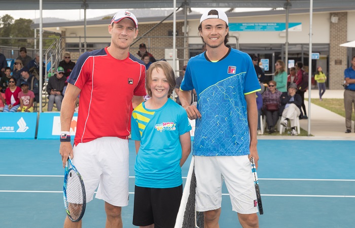 Matt Ebden (AUS) and Taro Daniel (JPN) at the coin toss in the Men's Singless final of the Apis Canberra International #ApisCBRINTL. Matt Ebden was victorious on the day winning 7-6 6-4. Match was played at Canberra Tennis Centre in Lyneham, Canberra, ACT, Australia on Sunday 5 November 2017. Photo: Ben Southall. #Tennis 
#Canberra