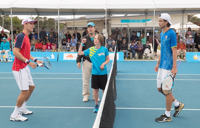 Matt Ebden (AUS) and Taro Daniel (JPN) at the coin toss in the Men's Singless final of the Apis Canberra International #ApisCBRINTL. Matt Ebden was victorious on the day winning 7-6 6-4. Match was played at Canberra Tennis Centre in Lyneham, Canberra, ACT, Australia on Sunday 5 November 2017. Photo: Ben Southall. #Tennis 
#Canberra