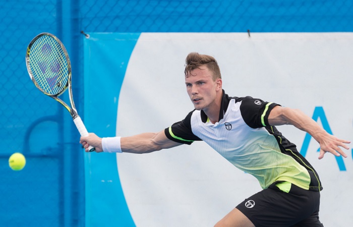 Marton FUCSOVICS (HUN) in action during the Men's Singles main draw on Day three of the East Hotel Canberra Challenger 2018 #EastCBRCH. Match was played at Canberra Tennis Centre in Lyneham, Canberra, ACT on Monday 8 January 2018. Photo: Ben Southall. #Tennis #Canberra