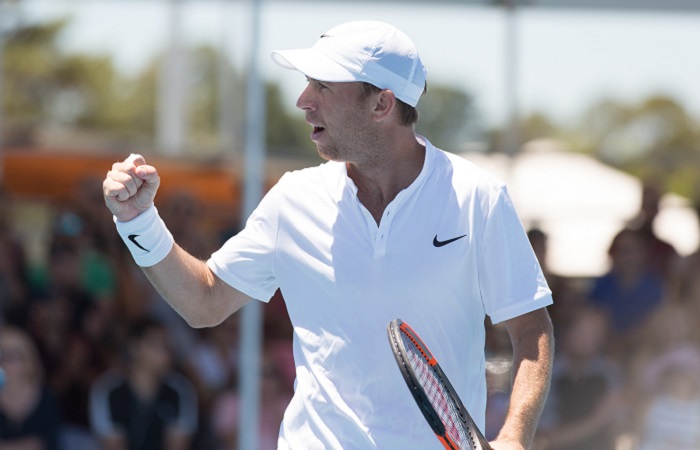 Dudi Sela (ISR) in action during the singles final on day eight of the East Hotel Canberra Challenger. Match was played at the Canberra Tennis Centre in Lyneham, Canberra, ACT on Saturday 14 January 2017 #eastCBRCH #TennisACT. Photo: Ben Southall.