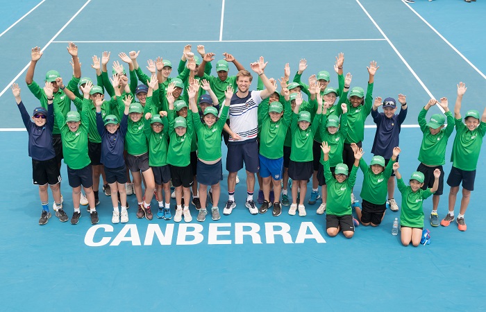 Andreas Seppi (ITA) poses for a photo with the ball kids after winning the Men's Singles final on Day eight of the East Hotel Canberra Challenger 2018 #EastCBRCH. Match was played at Canberra Tennis Centre in Lyneham, Canberra, ACT on Saturday 13 January 2018. Photo: Ben Southall. #Tennis #Canberra #ATPChallenger