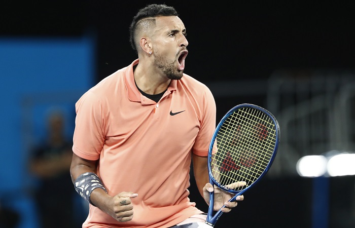 MELBOURNE, AUSTRALIA - JANUARY 25: Nick Kyrgios of Australia reacts during his Men's Singles third round match against Karen Khachanov of Russia on day six of the 2020 Australian Open at Melbourne Park on January 25, 2020 in Melbourne, Australia. (Photo by Darrian Traynor/Getty Images)