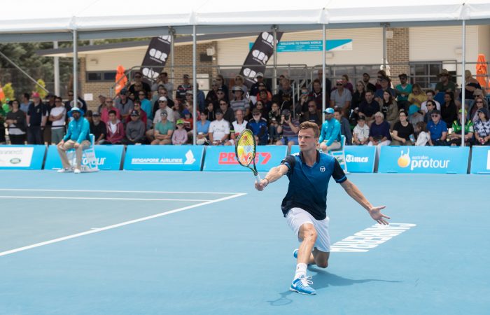 Márton Fucsovics (HUN) in action during the Men's Singles final on Day eight of the East Hotel Canberra Challenger 2018 #EastCBRCH. Match was played at Canberra Tennis Centre in Lyneham, Canberra, ACT on Saturday 13 January 2018. Photo: Ben Southall. #Tennis #Canberra #ATPChallenger