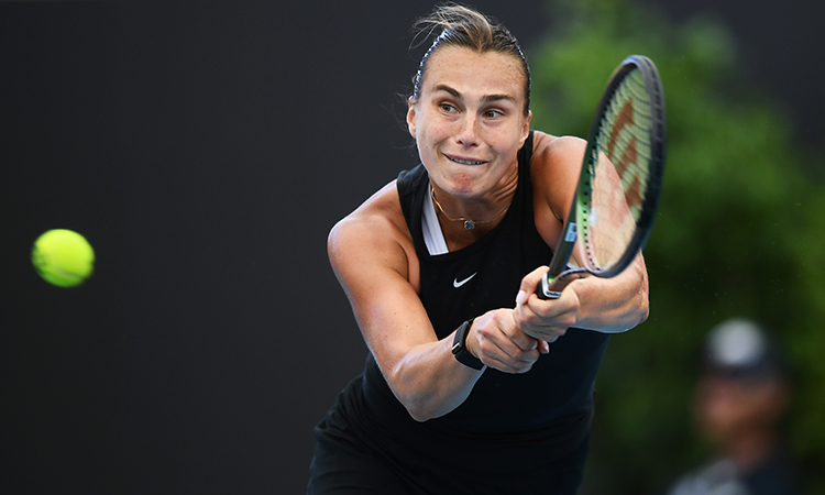 ADELAIDE, AUSTRALIA - JANUARY 06:  Aryna Sabalenka  plays a back hand  against Marketa Vondrousova of Czech Republic  during day six of the 2023 Adelaide International at Memorial Drive on January 06, 2023 in Adelaide, Australia. (Photo by Mark Brake/Getty Images)