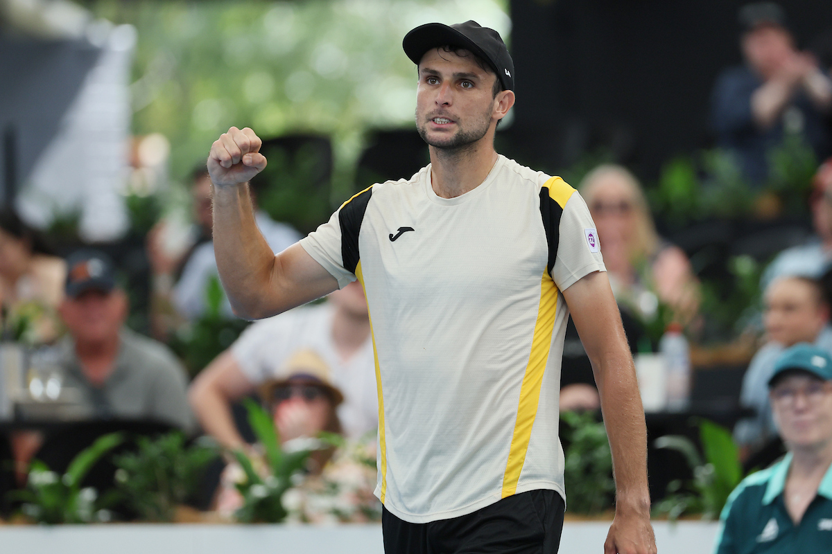January 14: Aleksandar Vukic (AUS) celebtrates his win during the Adelaide International at The Drive on Wednesday, January 14, 2026. Photo by TENNIS AUSTRALIA/ JAMES ELSBY