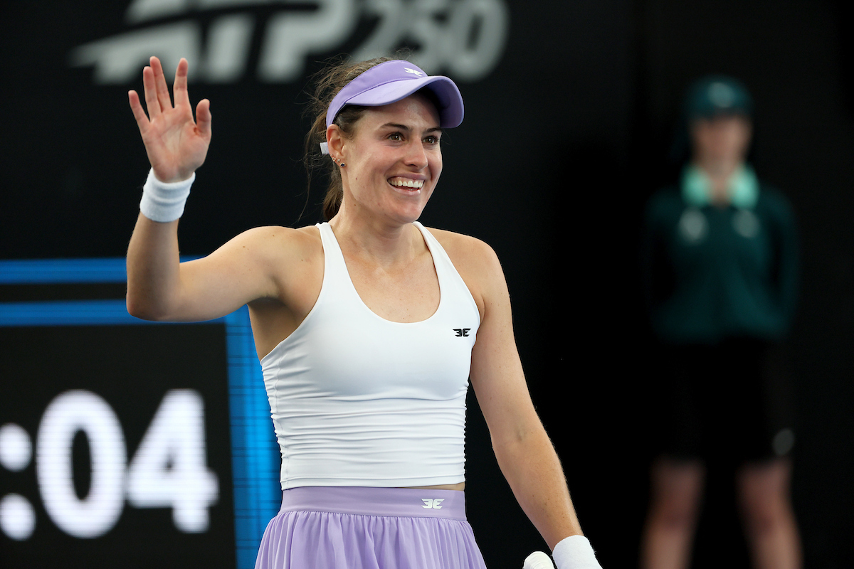 January 15: Kimberly Birrell (AUS) celebtrates her win during the Adelaide International at The Drive on Thursday, January 15, 2026. Photo by TENNIS AUSTRALIA/ JAMES ELSBY