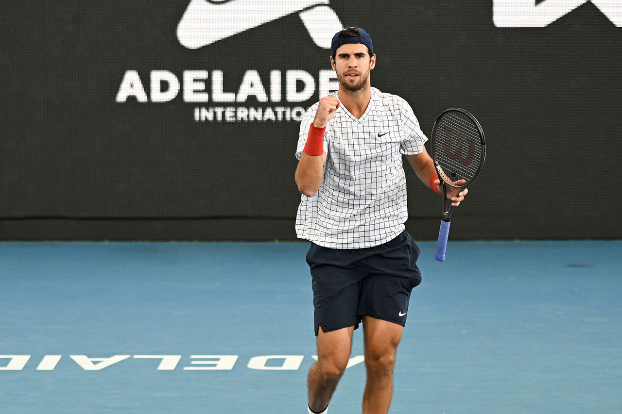 Karen Khachanov of Russia wins the first set in his match against Marin Cilic of Croatia during their men's singles semi-final match on day 7 of the ATP Adelaide International tennis tournament in Adelaide on January 8, 2022. - -- IMAGE RESTRICTED TO EDITORIAL USE - STRICTLY NO COMMERCIAL USE -- (Photo by Michael Errey / AFP) / -- IMAGE RESTRICTED TO EDITORIAL USE - STRICTLY NO COMMERCIAL USE -- (Photo by MICHAEL ERREY/AFP via Getty Images)