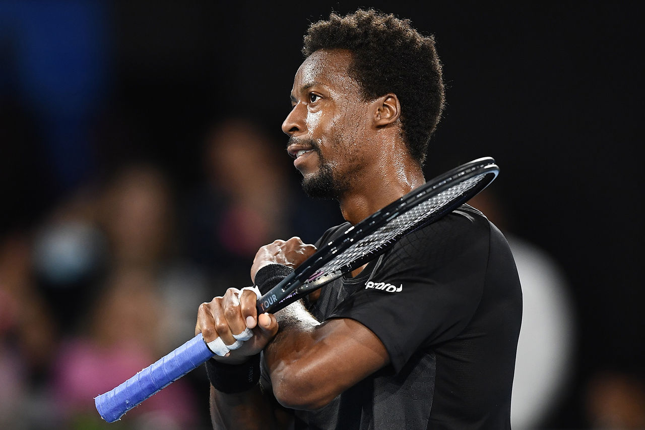 ADELAIDE, AUSTRALIA - JANUARY 06: Gael Monfils of France 
 celebrates winning the match against Juan Manuel Cerundolo of Argentina during day five of the 2022 Adelaide International at Memorial Drive on January 06, 2022 in Adelaide, Australia. (Photo by Mark Brake/Getty Images)