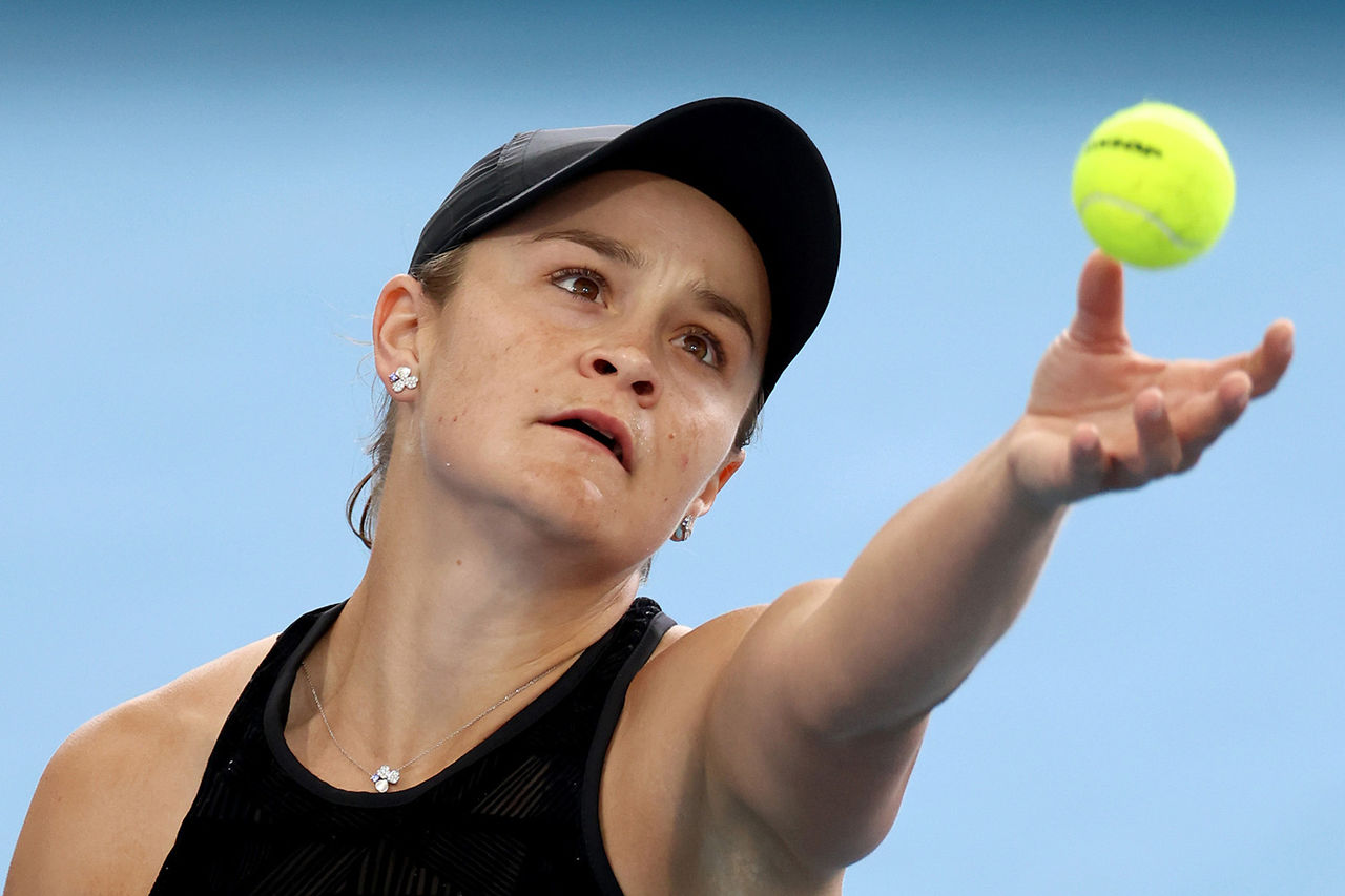 Ashleigh Barty of Australia serves on day 5 of the 2022 Adelaide International at Memorial Drive in Adelaide on Friday, January 7, 2022. MANDATORY PHOTO CREDIT James Elsby/TENNIS AUSTRALIA