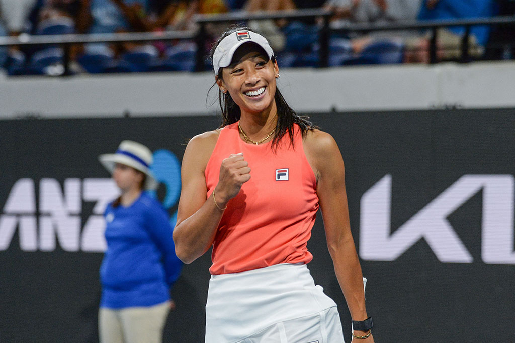 Australia's Priscilla Hon celebrates after winning against Petra Kvitova of the Czech Republic during their women's singles match at the ATP Adelaide International tennis tournament in Adelaide on January 3, 2022. - -- IMAGE RESTRICTED TO EDITORIAL USE - STRICTLY NO COMMERCIAL USE -- (Photo by Brenton Edwards / AFP) / -- IMAGE RESTRICTED TO EDITORIAL USE - STRICTLY NO COMMERCIAL USE -- (Photo by BRENTON EDWARDS/AFP via Getty Images)