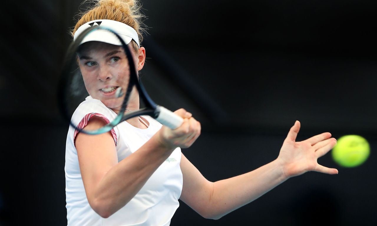 ADELAIDE, AUSTRALIA - JANUARY 02:  Linda Noskova of Czechoslovakia  competes against Daria Kasatkina  during day two of the 2023 Adelaide International at Memorial Drive on January 02, 2023 in Adelaide, Australia. (Photo by Sarah Reed/Getty Images)