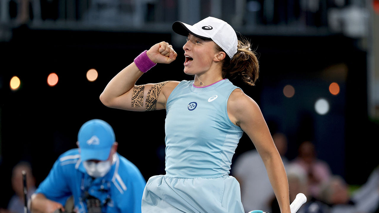 Iga Swiatek of Poland celebrates winning against Belinda Bencic of Switzerland on Centre Court during Day 7 of the Adelaide International at the Memorial Drive Tennis Centre on Saturday, February 27, 2021. MANDATORY PHOTO CREDIT Tennis Australia/ JAMES ELSBY
