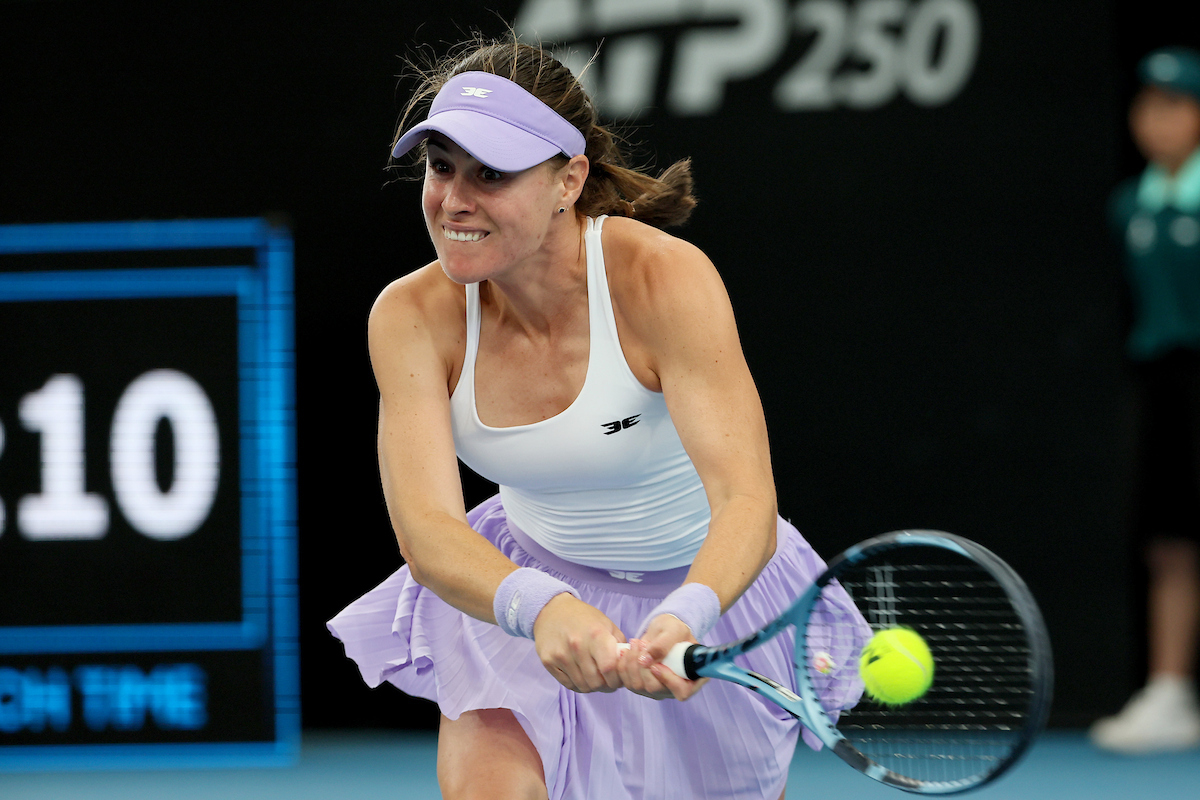 January 15: Kimberly Birrell (AUS) hits a backhand during the Adelaide International at The Drive on Thursday, January 15, 2026. Photo by TENNIS AUSTRALIA/ JAMES ELSBY