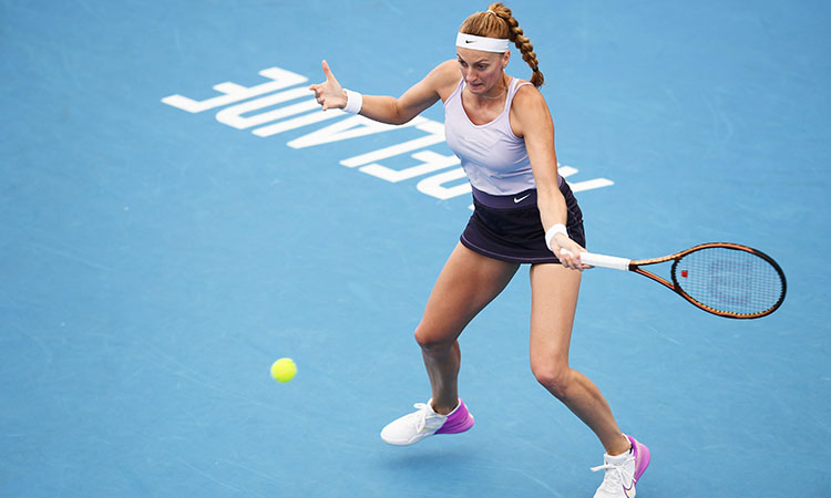 ADELAIDE, AUSTRALIA - JANUARY 09: Petra Kvitova of Czech Republic plays a forehand against Elena Rybakina of Kazakhstan during day one of the 2023 Adelaide International at Memorial Drive on January 09, 2023 in Adelaide, Australia. (Photo by Mark Brake/Getty Images)
