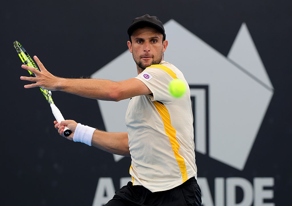 ADELAIDE, AUSTRALIA - JANUARY 14: Aleksandar Vukic of Australia in his round 2 match against Andrea Vavassori of Italy during day three of the 2026 Adelaide International at Memorial Drive on January 14, 2026 in Adelaide, Australia. (Photo by Sarah Reed/Getty Images)