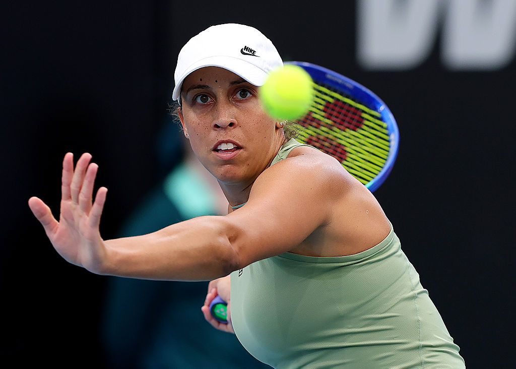 ADELAIDE, AUSTRALIA - JANUARY 14: Madison Keys of the USA in her round 2 match against Tereza Valentova of Czechoslavakia during day three of the 2026 Adelaide International at Memorial Drive on January 14, 2026 in Adelaide, Australia. (Photo by Sarah Reed/Getty Images)