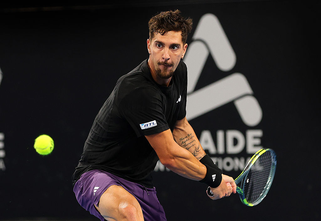ADELAIDE, AUSTRALIA - JANUARY 12: Thanasi Kokkinakis of Australia in his match against Sebastian Korda of the USA during day one of the 2026 Adelaide International at Memorial Drive on January 12, 2026 in Adelaide, Australia. (Photo by Sarah Reed/Getty Images)
