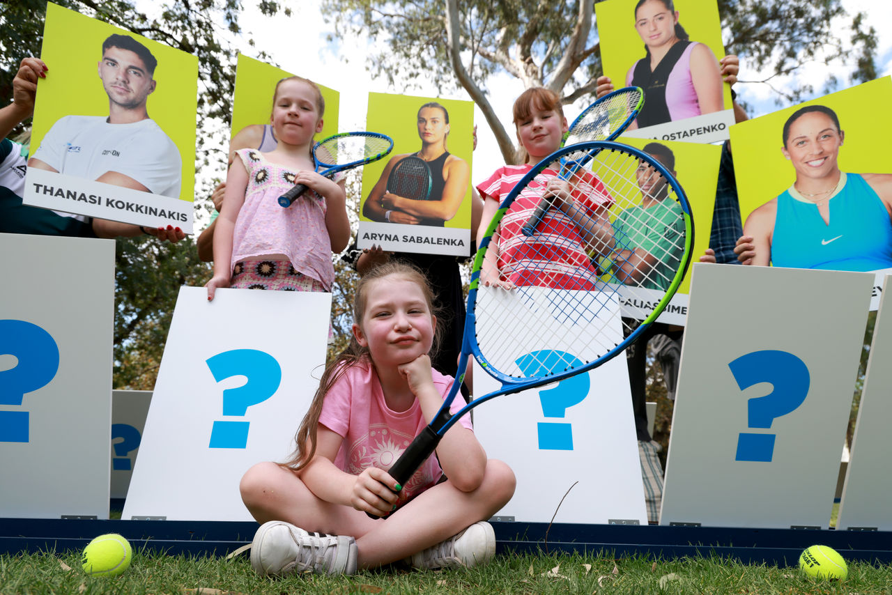 January 8: Winter 10, Harlowe 7 and Scarlett 10 playing Guess Who before the Adelaide International at The Drive on Thursday, January 8, 2026. Photo by TENNIS AUSTRALIA/ KELLY BARNES