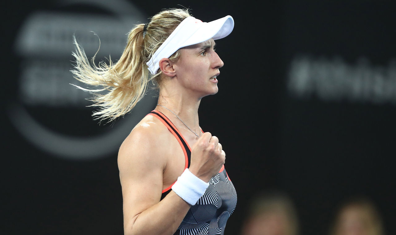 BRISBANE, AUSTRALIA - JANUARY 03: Lesia Tsurenko of Ukraine celebrates winning her match against Anett Kontaveit of Estonia during day five of the 2019 Brisbane International at Pat Rafter Arena on January 03, 2019 in Brisbane, Australia. (Photo by Chris Hyde/Getty Images)