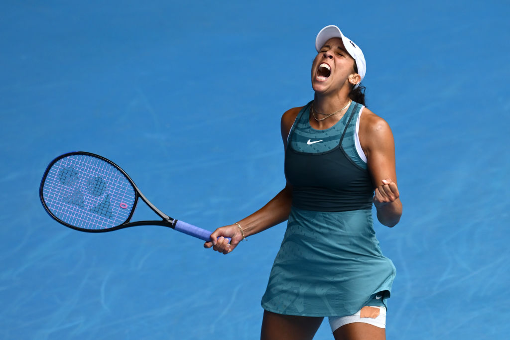 MELBOURNE, AUSTRALIA - JANUARY 22: Madison Keys of the United States celebrates winning the match point against Elina Svitolina of Ukraine in the Women's Singles Quarterfinal during day 11 of the 2025 Australian Open at Melbourne Park on January 22, 2025 in Melbourne, Australia. (Photo by Quinn Rooney/Getty Images)