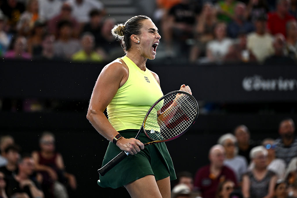 BRISBANE, AUSTRALIA - JANUARY 11: Aryna Sabalenka of Belarus celebrates a point in her Women's Singles Final match against Marta Kostyuk of Ukraine during day eight of the 2026 Brisbane International at Pat Rafter Arena on January 11, 2026 in Brisbane, Australia. (Photo by Albert Perez/Getty Images)