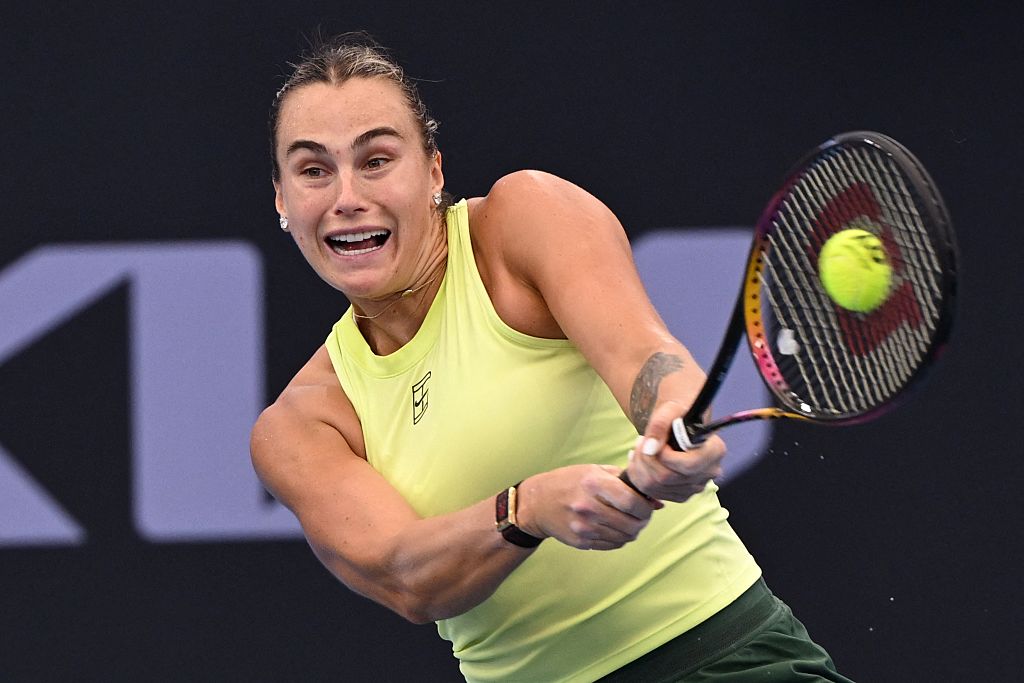 Aryna Sabalenka of Belarus hits a return during her women's singles match against Sorana Cirstea of Romania at the Brisbane International tennis tournament in Brisbane on January 8, 2026. (Photo by William WEST / AFP via Getty Images) / --IMAGE RESTRICTED TO EDITORIAL USE - STRICTLY NO COMMERCIAL USE--