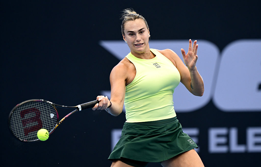 BRISBANE, AUSTRALIA - JANUARY 10: Aryna Sabalenka of Belarus plays a forehand in the women’s singles semi-final match against Karolina Muchova of Czechia during the 2026 Brisbane International at Pat Rafter Arena on January 10, 2026 in Brisbane, Australia. (Photo by Bradley Kanaris/Getty Images)