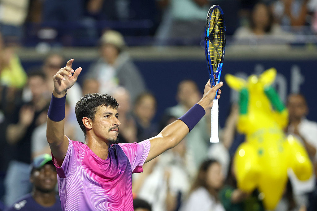 TORONTO, ONTARIO - AUGUST 02: Alexei Popyrin of Australia celebrates his win against Holger Rune of Denmark during the National Bank Open Presented by Rogers at Sobeys Stadium on August 02, 2025 in Toronto, Ontario. (Photo by Matthew Stockman/Getty Images)