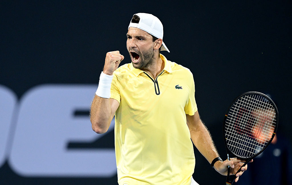 BRISBANE, AUSTRALIA - JANUARY 06: Grigor Dimitrov of Bulgaria celebrates after winning a point in the men’s singles match against Pablo Carreno Busta of Spain during the 2026 Brisbane International at Pat Rafter Arena on January 06, 2026 in Brisbane, Australia. (Photo by Bradley Kanaris/Getty Images)