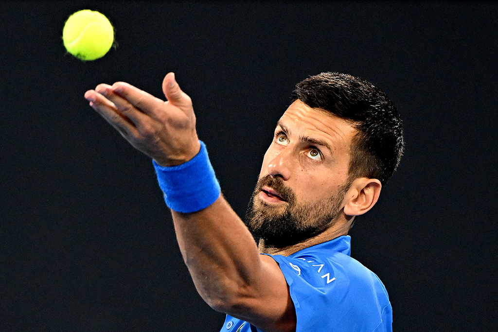 BRISBANE, AUSTRALIA - JANUARY 02: Novak Djokovic of Serbia serves in his match against Gael Monfils of France during day five of the 2025 Brisbane International at Pat Rafter Arena on January 02, 2025 in Brisbane, Australia. (Photo by Bradley Kanaris/Getty Images)