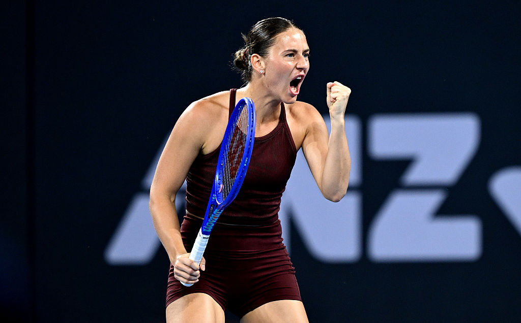 BRISBANE, AUSTRALIA - JANUARY 08: Aryna Sabalenka of Belarus celebrates a point in her third round Women's Singles match against Sorana Cirstea of Romania during day five of the 2026 Brisbane International at Pat Rafter Arena on January 08, 2026 in Brisbane, Australia. (Photo by Albert Perez/Getty Images)