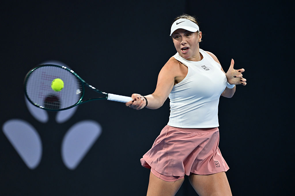 BRISBANE, AUSTRALIA - JANUARY 07: Amanda Anisimova of USA plays a forehand in her second round Women's Singles match against Kimberley Birrell of Australia during day four of the 2026 Brisbane International at Pat Rafter Arena on January 07, 2026 in Brisbane, Australia. (Photo by Albert Perez/Getty Images)